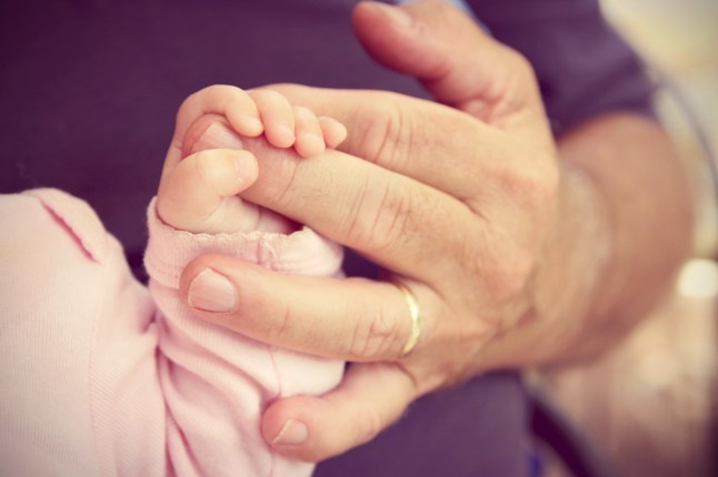 Newborn Baby Girl Holding Grandpa's Hand