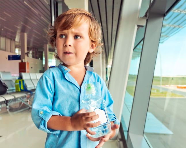 55134215 - portrait of a boy with a bottle of water in his hands at the airport